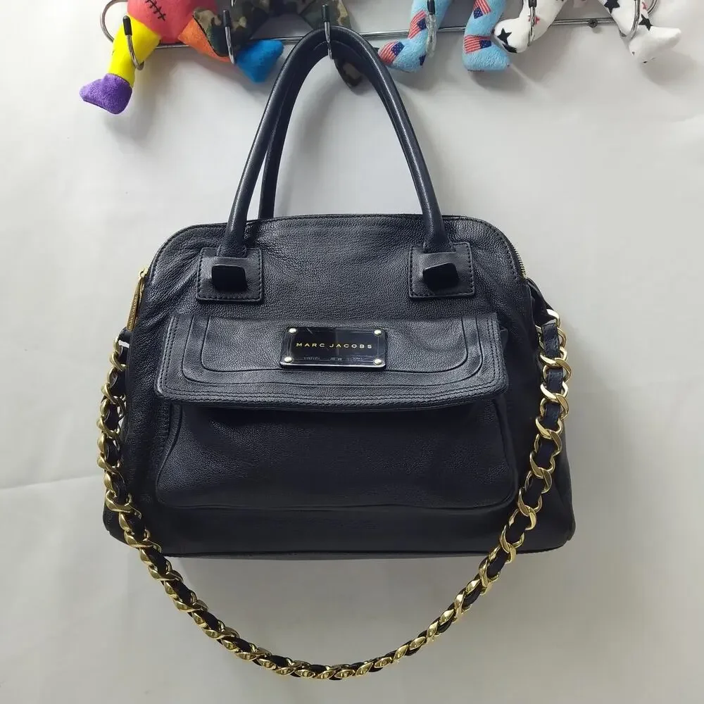Marc Jacobs Black Leather Pocket Chain Strap Double Handle Satchel Shoulder Bag